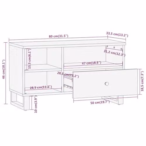 vidaXL Modern Mango Wood TV Cabinet in Brown and Black, W: 80 cm, D: 33.5 cm, H: 46 cm – 3