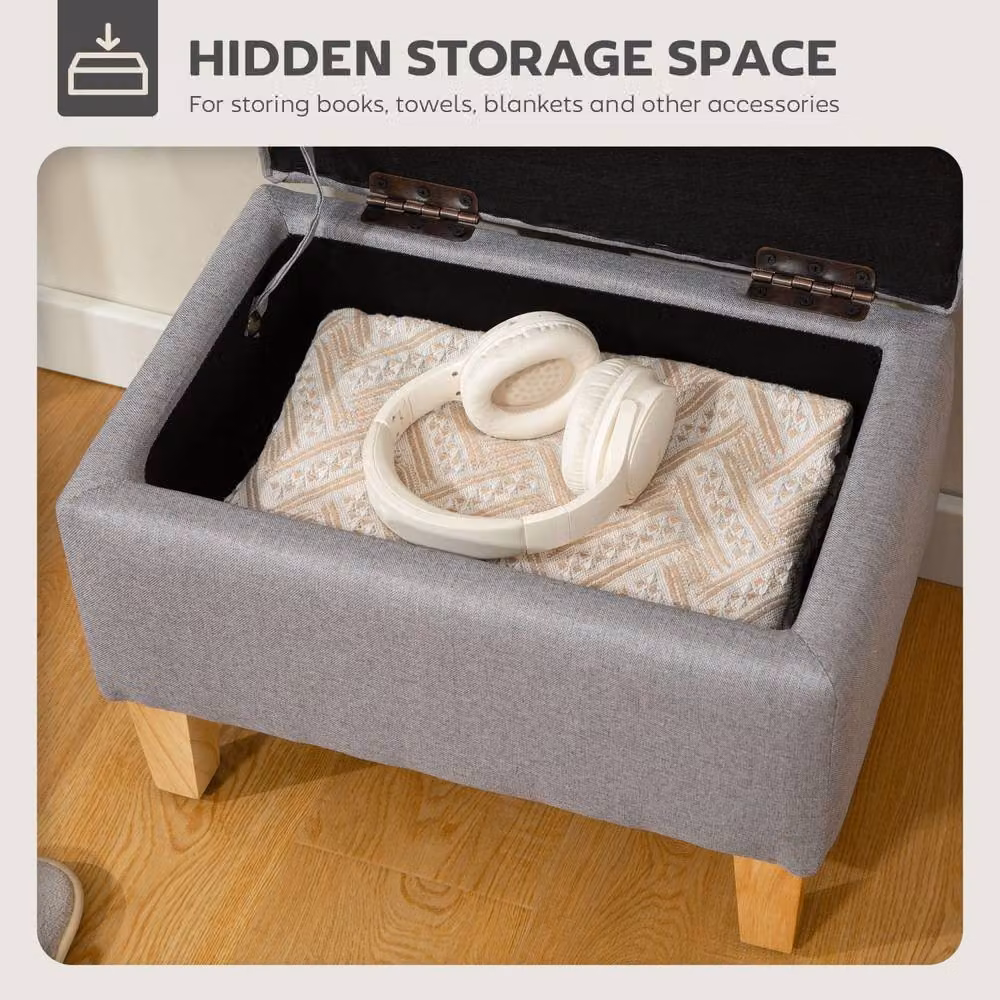 Wyld Haus Tonale Compact Linen Storage Ottoman in Light Grey with Natural Wooden Legs, W: 76.7 cm, D: 36 cm, H: 33 cm – 4