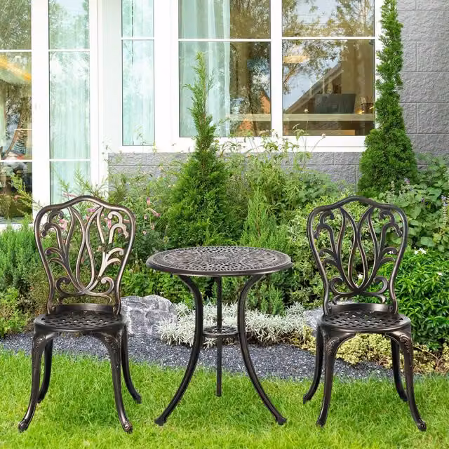OUTSUNNY 3 Piece Bronze Metal Patio Bistro Set with Umbrella Hole