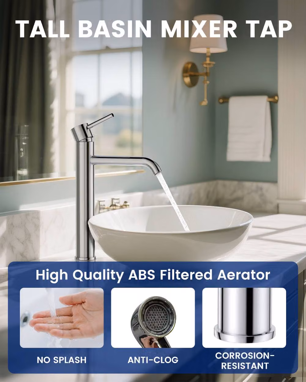 Dayone Sleek High Rise Single Lever Basin Tap in Chrome with Pop Up Waste – 2