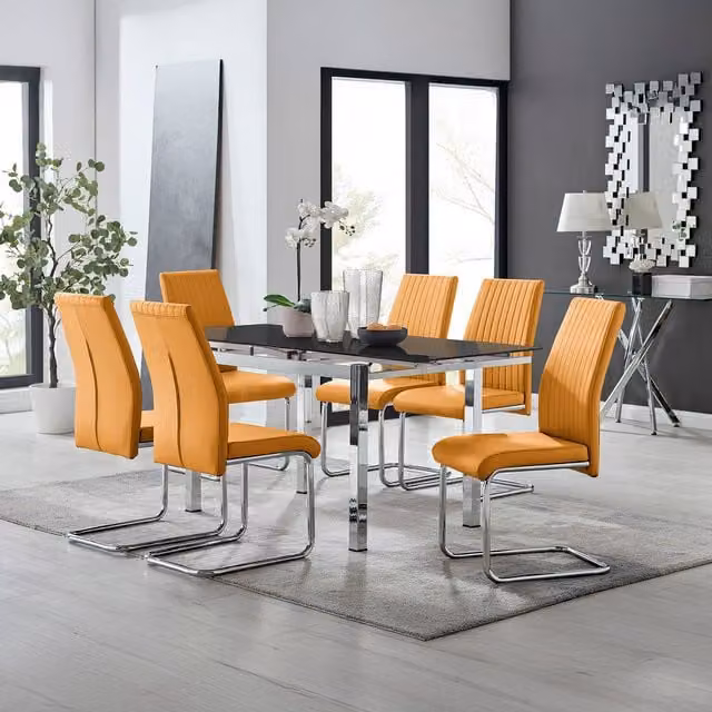 Furniturebox Enna Black Glass Extending Dining Table and 6 Lorenzo Chairs in Mustard