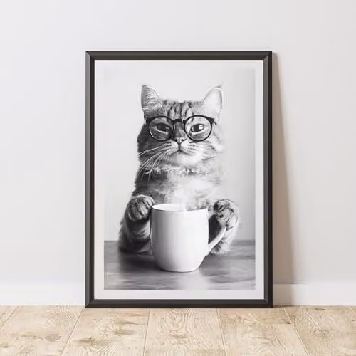 60 Second Makeover Funny Cat Drinking Coffee Paper Poster, Multicolour, A3