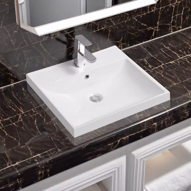 Limoge 5409 White Ceramic Thick-Edge Inset Rectangular Countertop Basin W/D/H: 51 x 46 x 16.5 cm