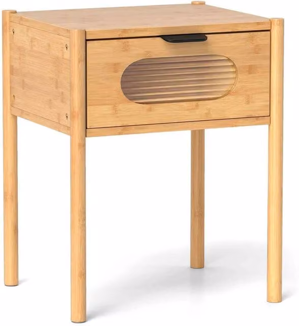 VOGREX Natural Farmhouse Nightstand with Glass Drawer in Beige – 1