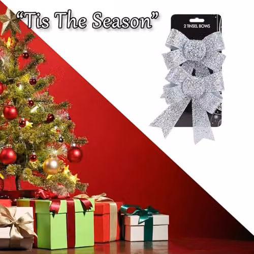 VFM e-Store Silver Tinsel Bows Christmas Decorations, Pack of 2, W/D/H: 13 x 17 x 4.5 cm – 6