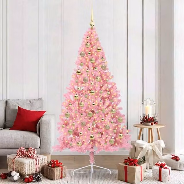 Berkfield Home Artificial Pre-lit Pink Christmas Tree with 300 LEDs, Height: 210 cm