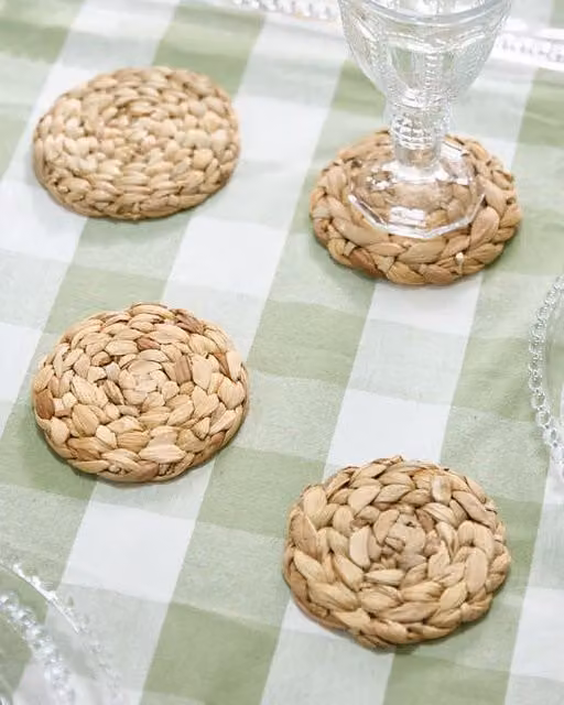 Dibor Lakelyn Set of 4 Round Water Hyacinth Dining Table Coasters in Beige