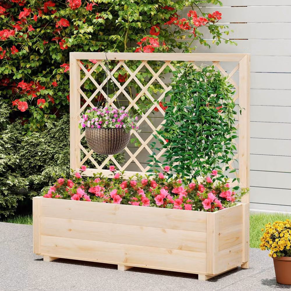 Costway Wooden Raised Garden Bed with Lattice Trellis for Vegetables and Climbers, Sand/Beige, W: 104 cm, D: 34 cm, H: 34 cm – 7