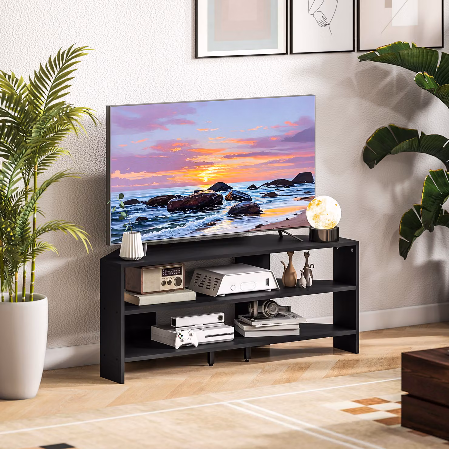 HOMCOM Black Corner TV Stand with 2 Open Shelves for up to 47 Inch TVs – 3