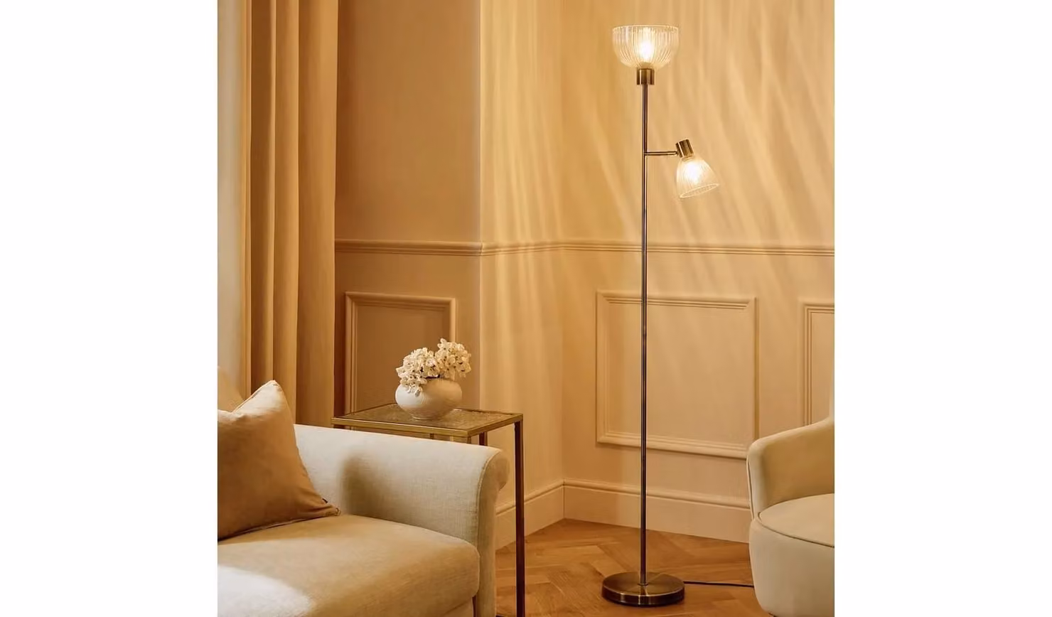 Piper Father and Child Floor Lamp in Brass and Glass with Transparent Dome Shade