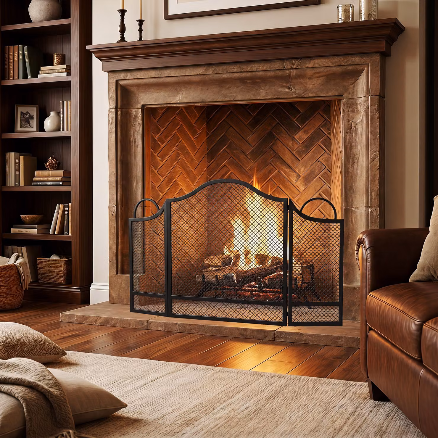 HOMCOM Floral 3-Panel Folding Fireplace Screen in Black, W/H: 122 x 74 cm – 5