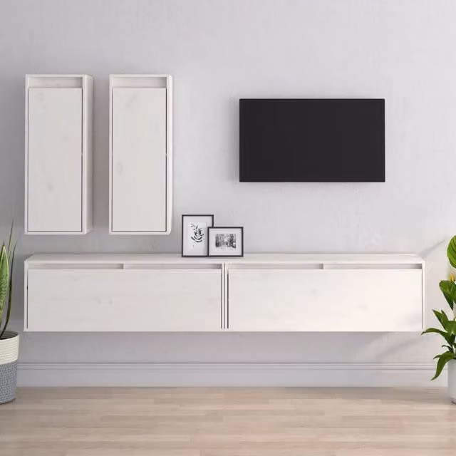 Berkfield Home White Solid Wood Pine Wall Mounted TV Cabinets, 4 Piece Set – 1