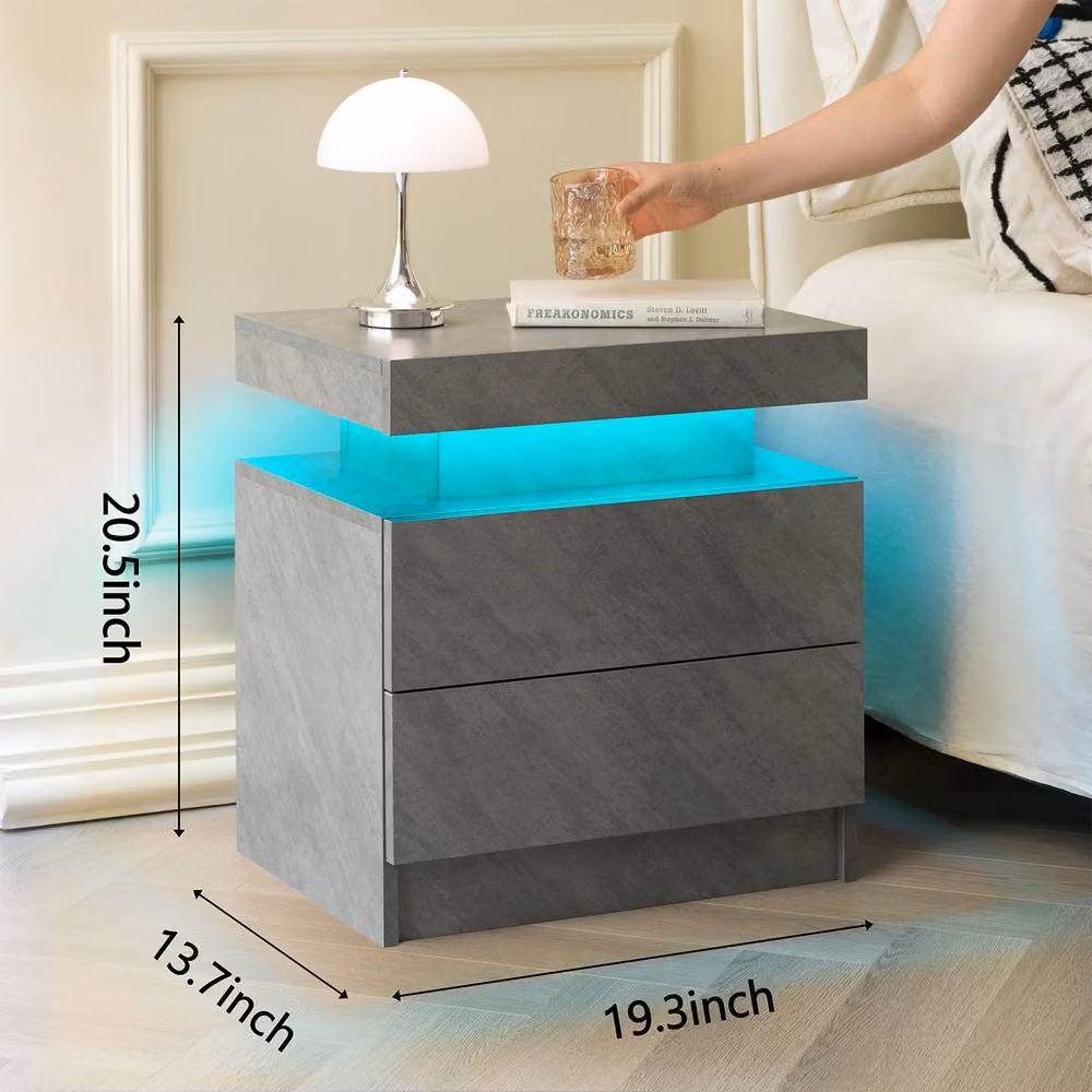 Direct Wicker Modern Grey Wicker Nightstand with Integrated LED Lighting and 2 Drawers – 2