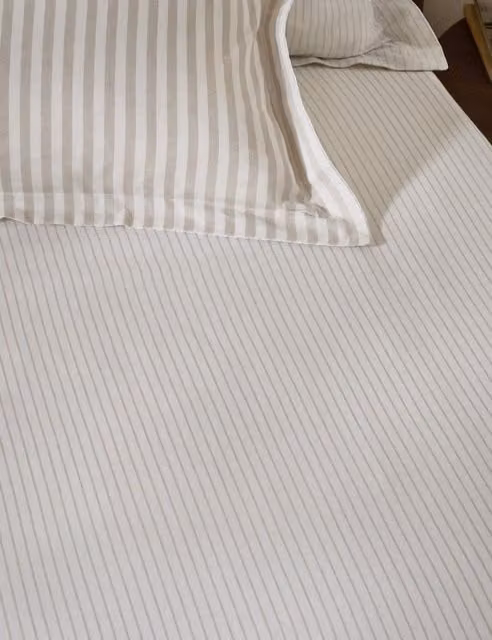 YARD Hebden Striped Pure Cotton Fitted Sheet, Natural/Beige, W: 140 cm, L: 200 cm