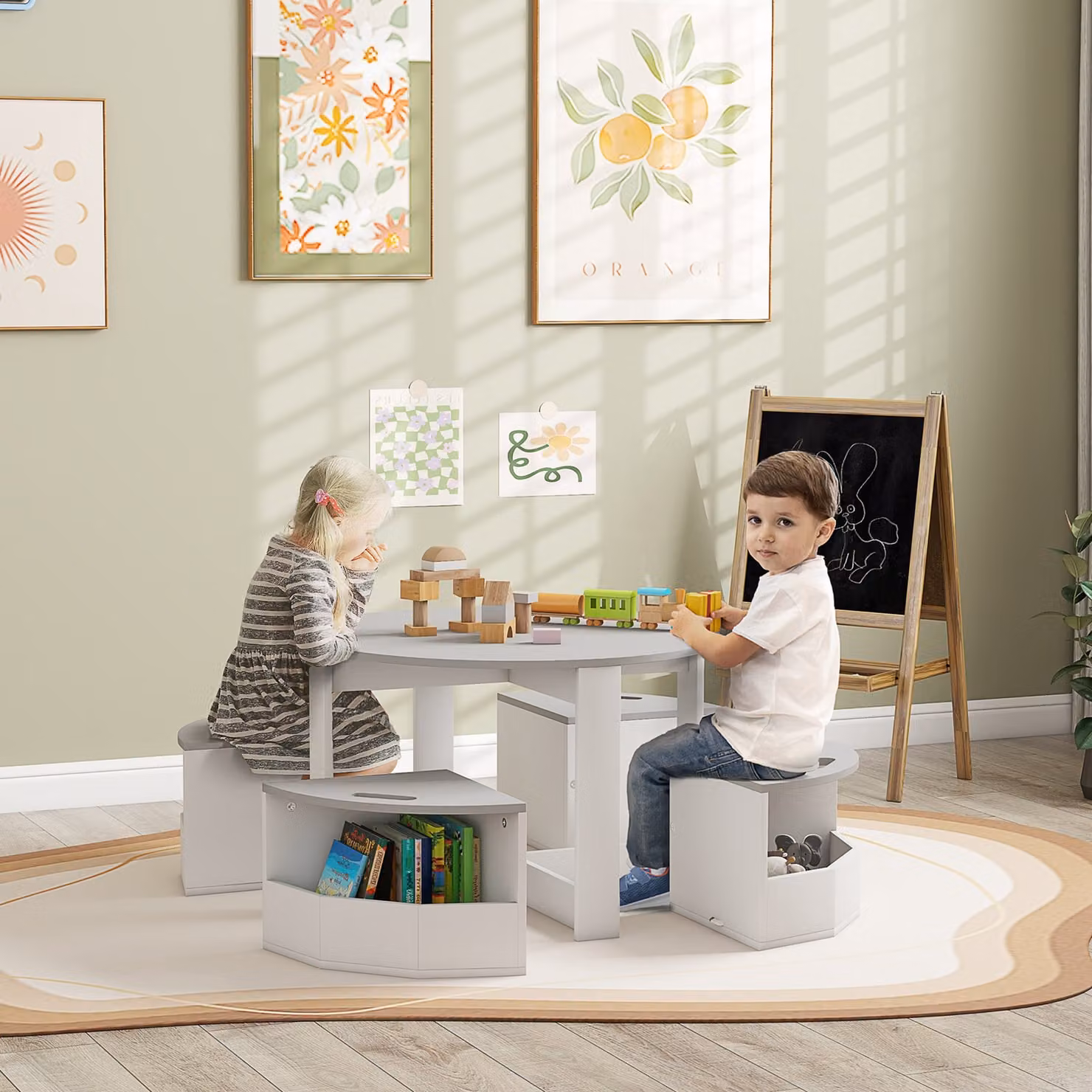 AIYAPLAY 5-Piece Kids Table and Chairs Set with Storage for Toddlers Aged 3-8 Years, Grey – 2
