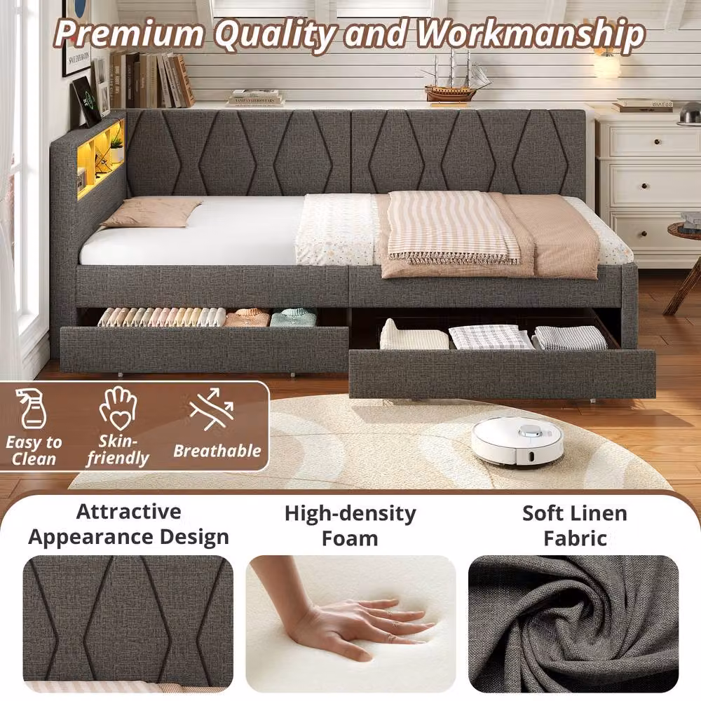 BTM Single Daybed with Storage Drawers, LED Lighting and USB Charging Station in Grey, W/D/H: 90 x 190 x 38.28 cm – 5