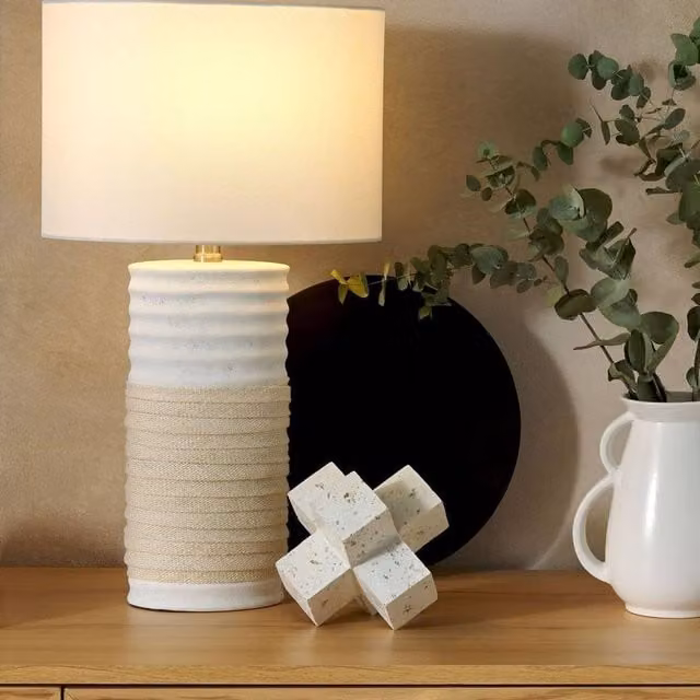 Wyld and Coco Table Lamp in Beige with Ceramic Base and Fabric Cylinder Shade