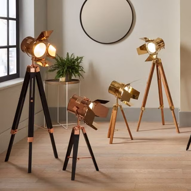 Pacific Lifestyle Copper and Black Tripod Floor Lamp with Wood and Metal Details