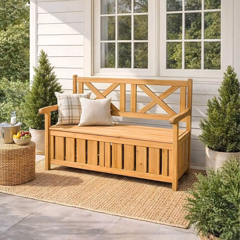 KORVIXA Modern Wood Storage Bench Seat Combination in Brown, W/D/H: 100 x 100 x 100 cm – 3