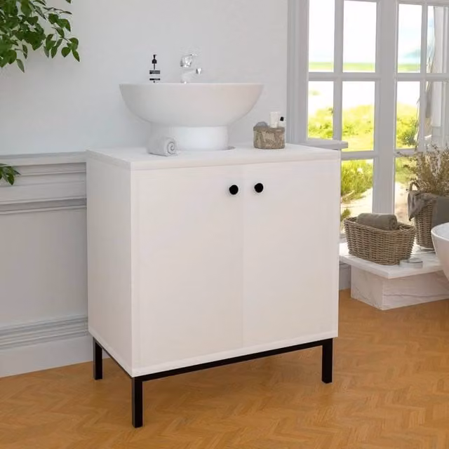 SPETLEK High Gloss White Freestanding Bathroom Sink Cabinet with Hinged Doors and Internal Shelves – 1