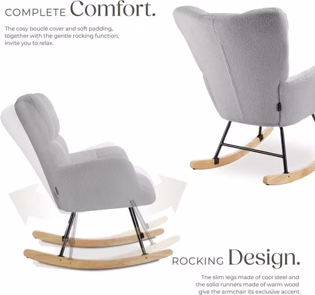 TECTAKE Modern Lounge Rocking Chair in Grey Bouclé with Armrests and Metal Frame