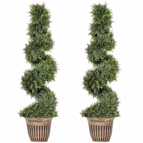HOMCOM Set of 2 Green Artificial Spiral Cypress Trees in Concrete Pots, Height: 120 cm, Width: 30 cm, Depth: 30 cm