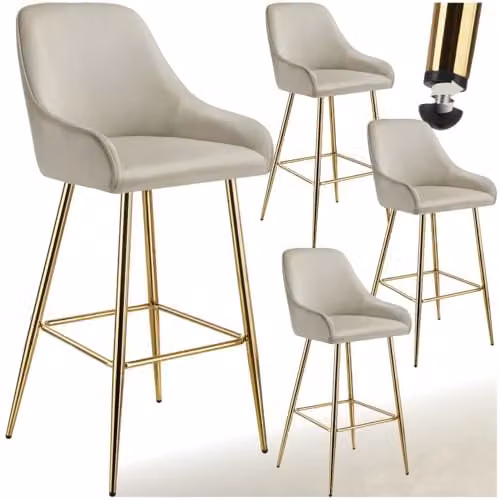 tectake Set of 4 Velvet Bar Stools with Gold Metal Legs in Cream and Gold