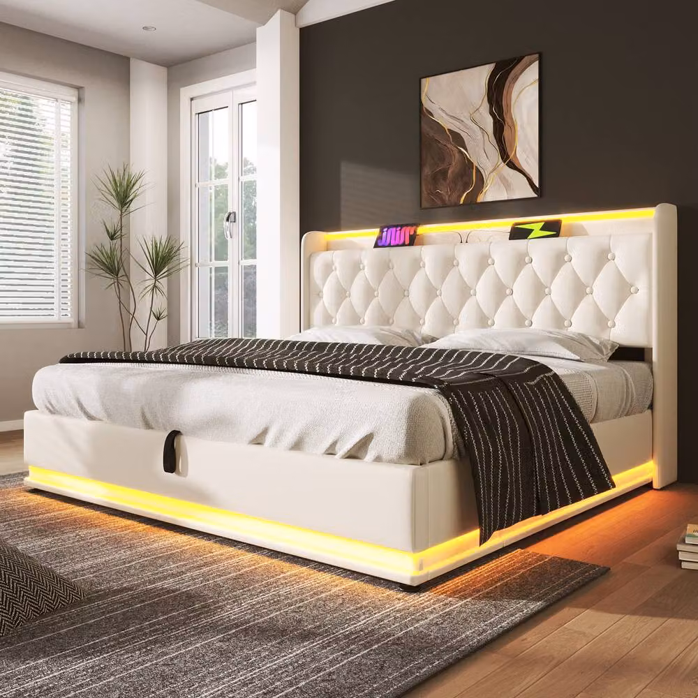 ModernLuxe Upholstered Fabric Ottoman Storage Bed with Headboard, LED Under-bed Lighting, USB Charging Port and Bedside Shelf in White, W/D/H: 140 x 200 x 104 cm – 8