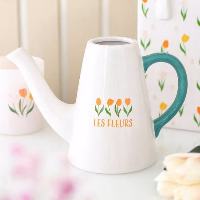 Uniqueful Les Fleurs Tulip Ceramic Watering Can in Multicolour and White
