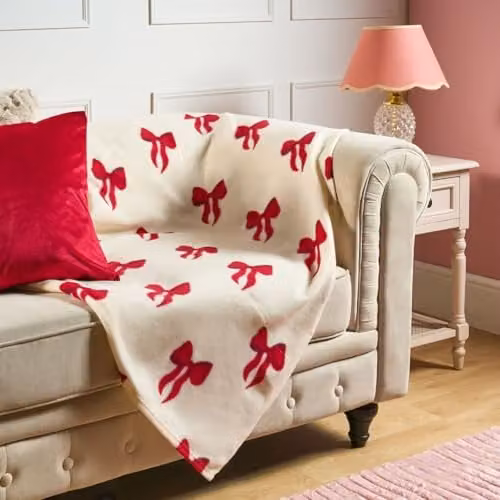 OHS Red Bow Print Polar Fleece Throw Blanket, W/D/H: 120 x 150 cm