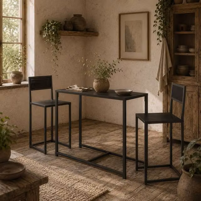 Wyld Haus Gafetti 3 Piece Industrial Dining Set in Black and Brown Metal and Wood – 1