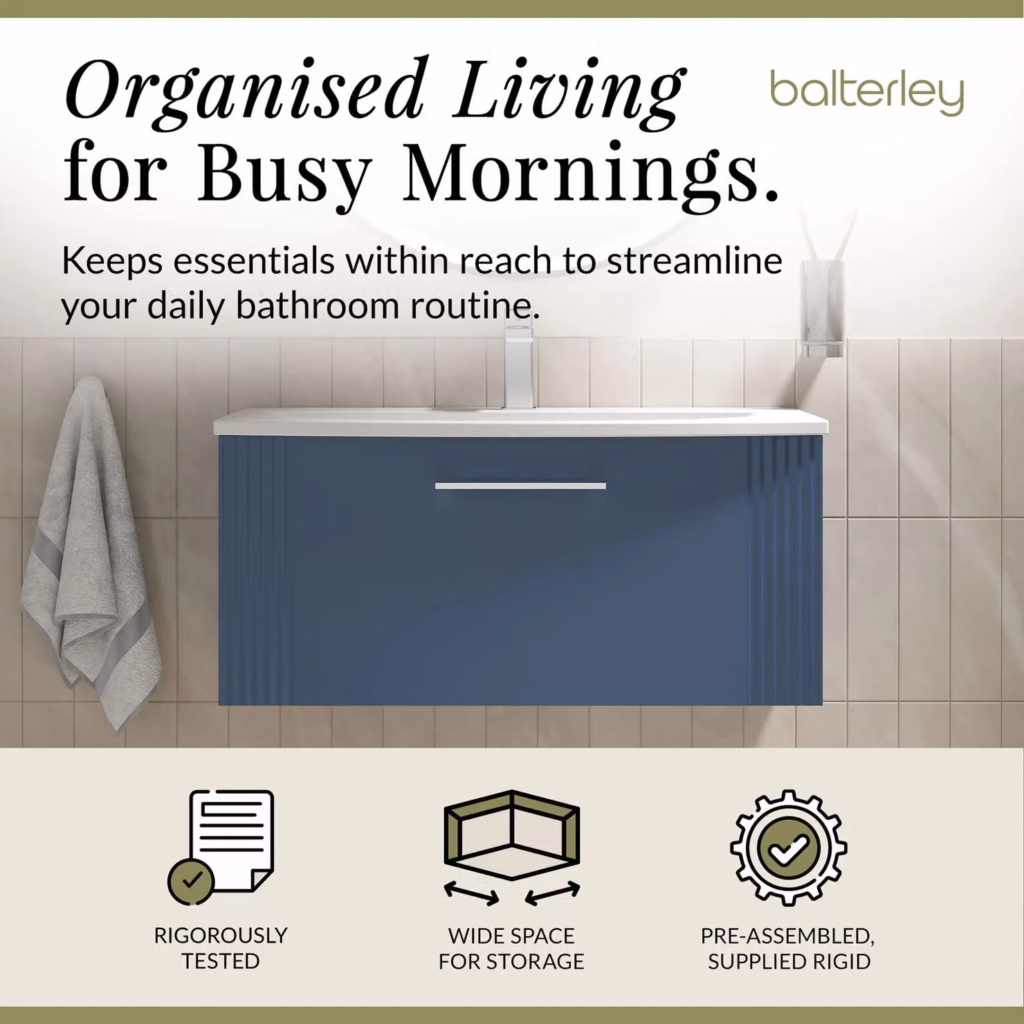 Balterley Wall Hung 1 Drawer Vanity Unit with Curved Basin, Satin Blue, Width: 80 cm – 2