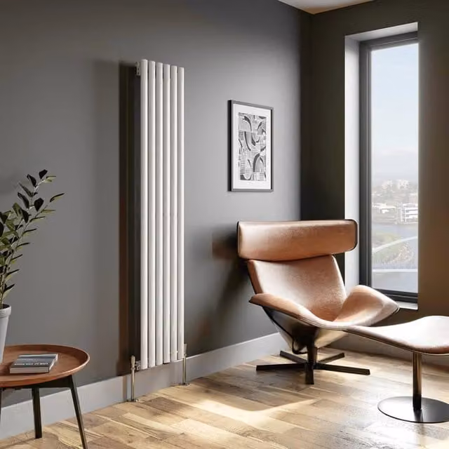 Temprazo Vertical Oval Tube Single Panel Designer Radiator in White, H: 180 x W: 48 x D: 36 cm