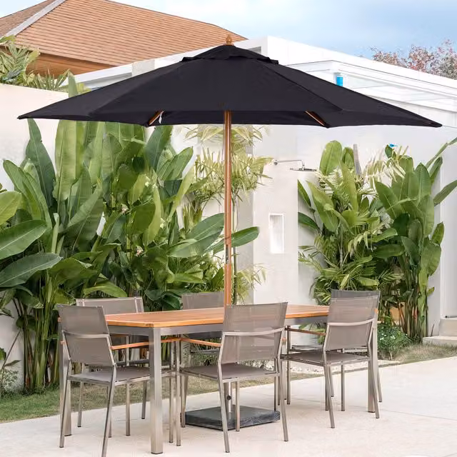 Outsunny Black Wooden Garden Parasol with Central Pole