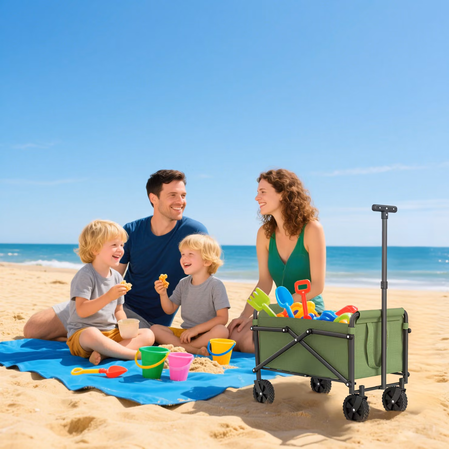 Outsunny 41L Festival Trolley on Wheels, Green Heavy Duty Collapsible Folding Wagon with Adjustable Handle and Carrying Bag – 7
