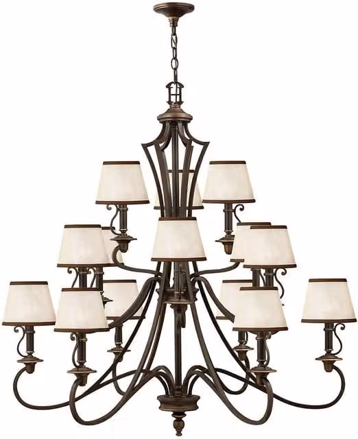 Loops 15 Bulb Bronze Hanging Pendant Chandelier with Multicolour Fabric Shades and E14 LED Compatibility