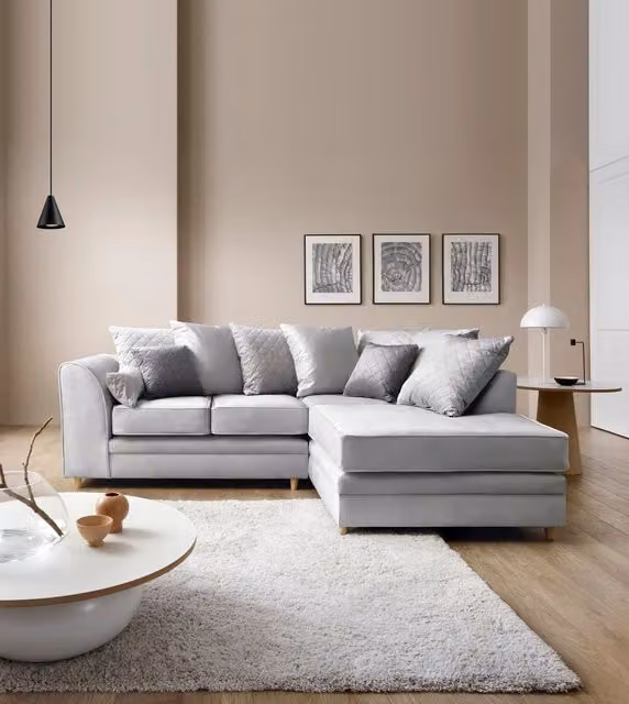 Abakus Direct Chicago Right Hand Facing L-Shaped Corner Sofa in Light Grey Velvet Fabric, W: 212 cm, D: 164 cm, H: 78 cm – 1