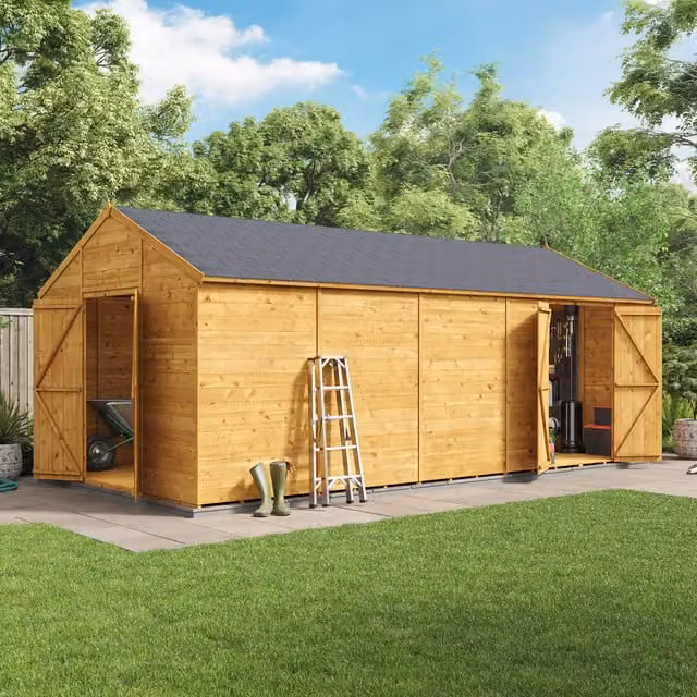 BillyOh Rustic Brown Wooden Apex Workshop with Double Doors and Floor, 610 x 305 cm