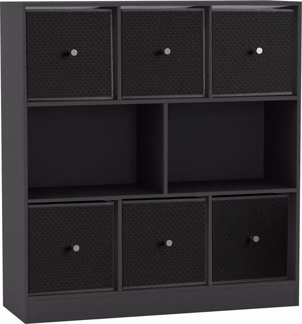 URBNLIVING Modern 8 Cube Black Bookcase with 6 Multicolour Fabric Storage Drawers
