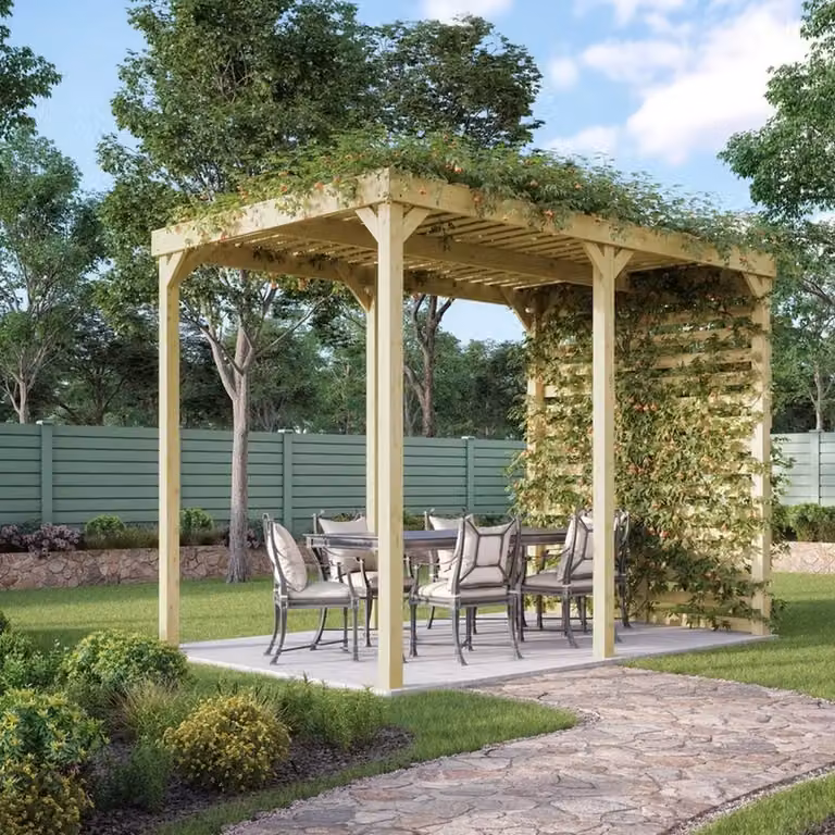 Rutland County Garden Furniture Ltd Shade Pergola in Wood and Steel, Rustic Brown and Light Green, W: 420 cm, D: 300 cm, H: 270 cm