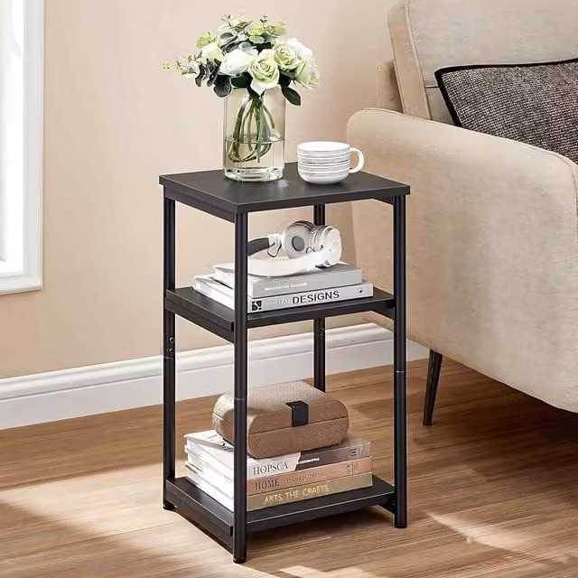 The Bazaarist 3 Tier Sofa Side Table with Steel Frame in Ink Black
