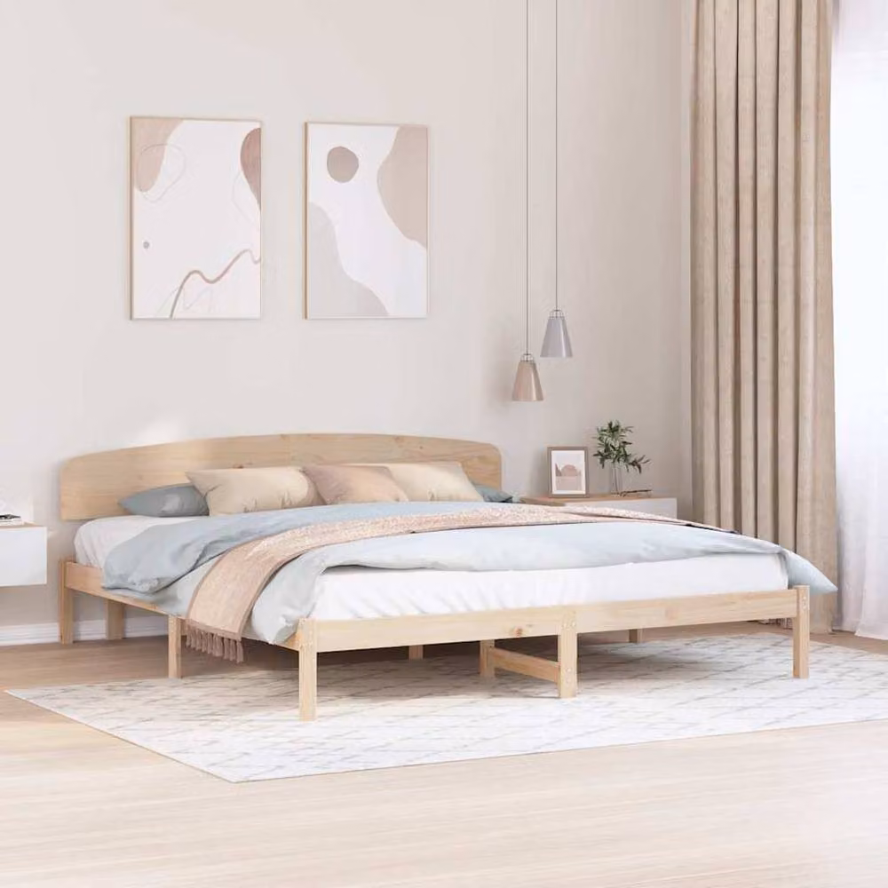 Berkfield Home Solid Wood Pine Bed Frame with Headboard in Beige, 200 x 200 cm