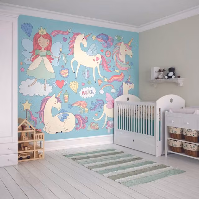 Origin Murals Princess Unicorn Wall Mural in Blue and Pink for Children