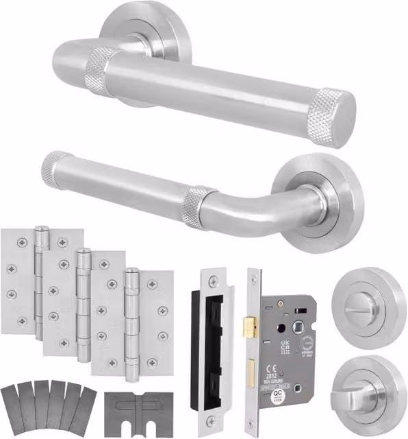 AFIT Satin Nickel Bathroom Fire Door Handle Set in Silver with Lock and Hinges