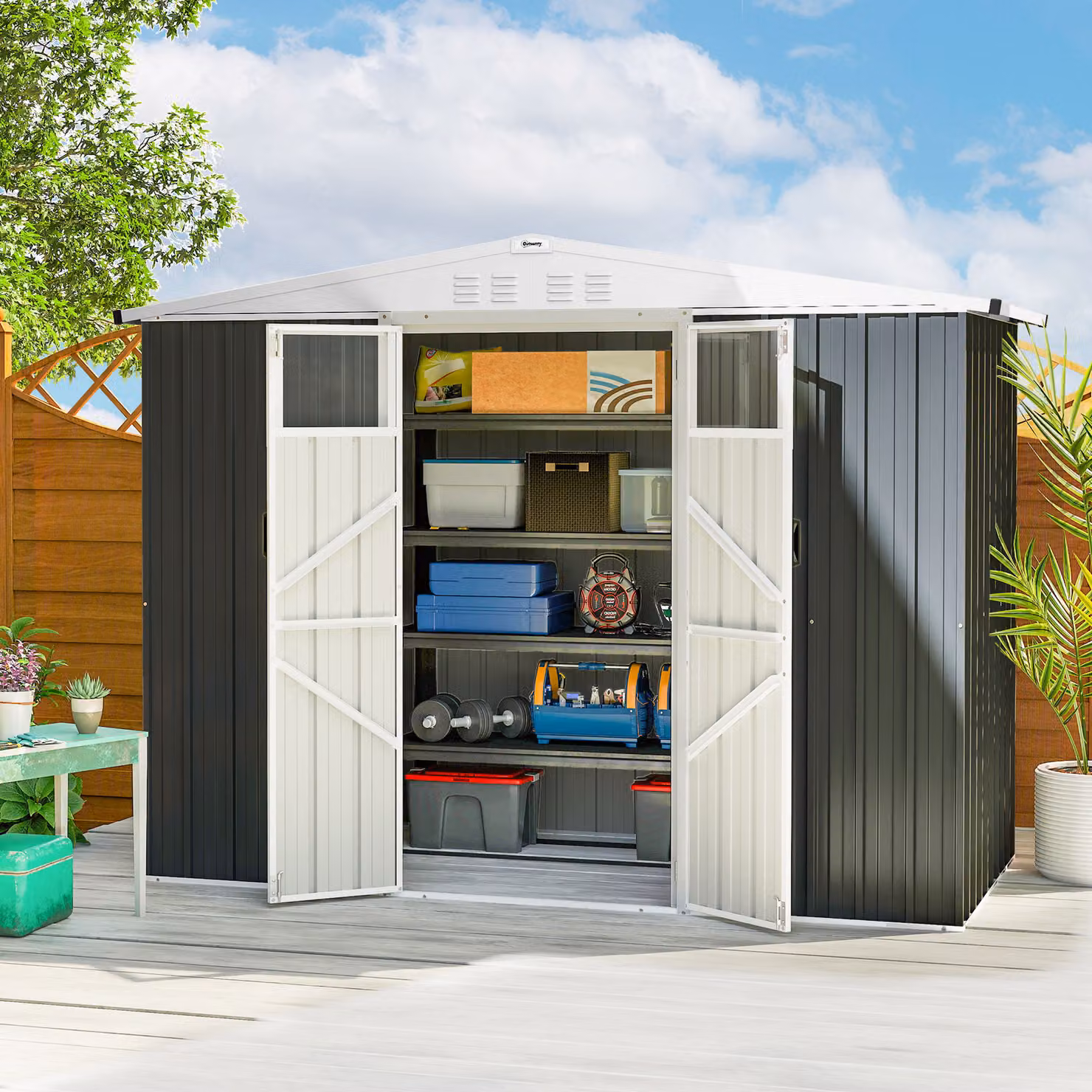 Outsunny Galvanised Steel Garden Storage Shed with Window and Lockable Double Doors, Dark Grey, W/D/H: 243.8 x 121.9 x 180.0 cm – 2