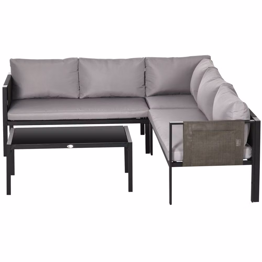 ERGOVEXA 5 Seater L-Shape Garden Corner Sofa Set with Coffee Table in Light Grey – 3