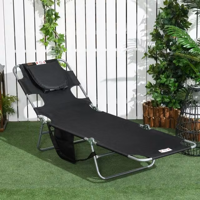 Outsunny Portable Beach Chaise Lounge in Black with Textilene Fabric and Powder Coated Steel Frame
