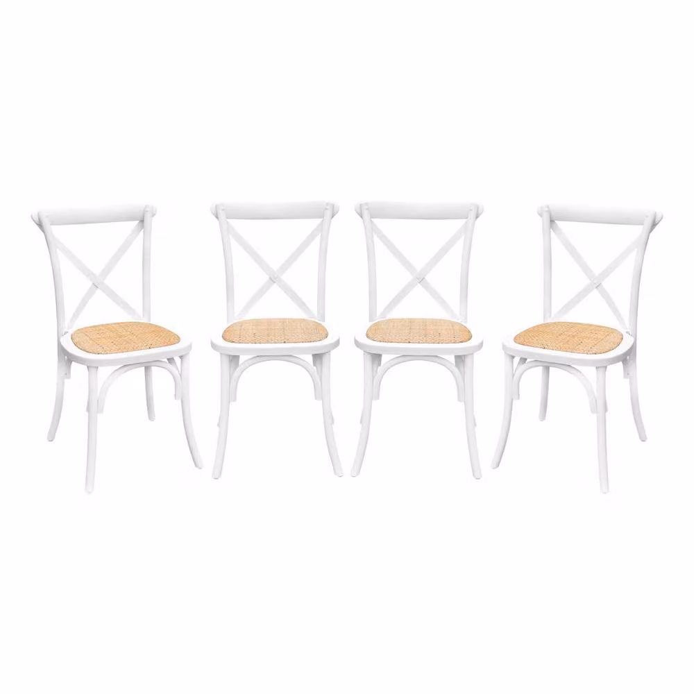 sweeek Set of 4 White Vintage Wooden Bistro Chairs with Rattan and Fabric Details – 2
