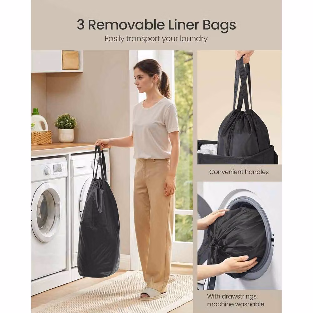 The Bazaarist 3 Compartment Laundry Hamper with Lid and Removable Bags, Jet Black – 4