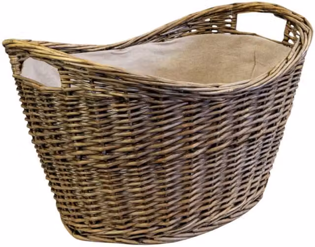 Four Candle Grey and Brown Willow Oval Scooped Log Basket with Hessian Liner and Handles